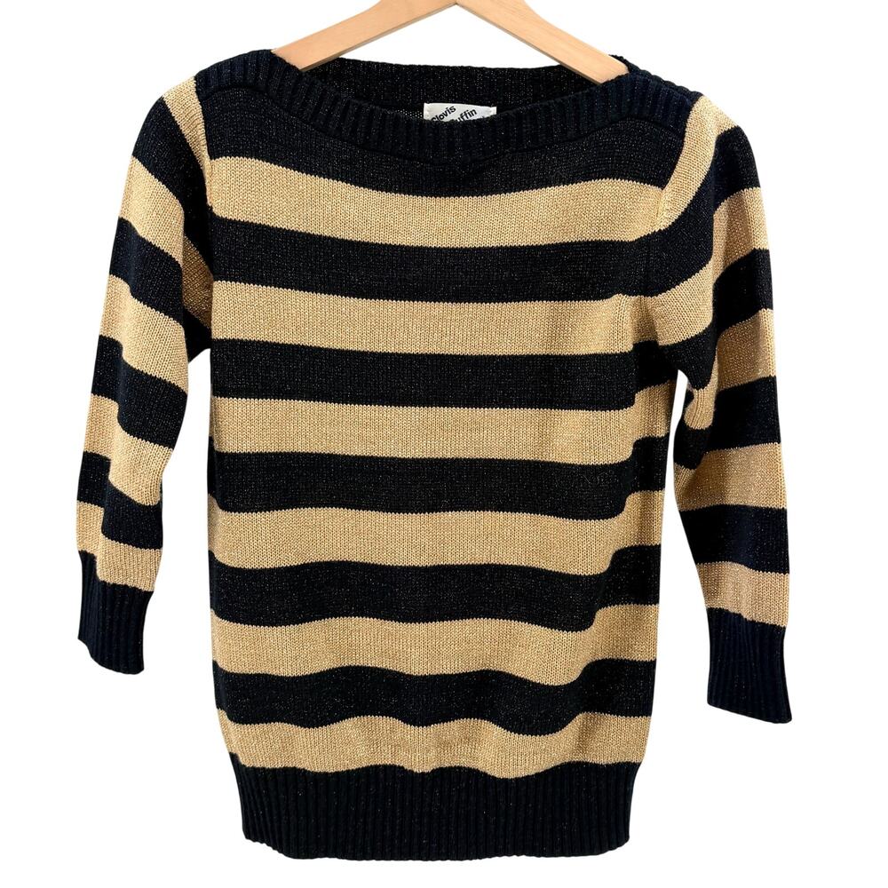 Vintage 80s Clovis Ruffin Black Gold Metallic Striped Boat Neck Knit Sweater